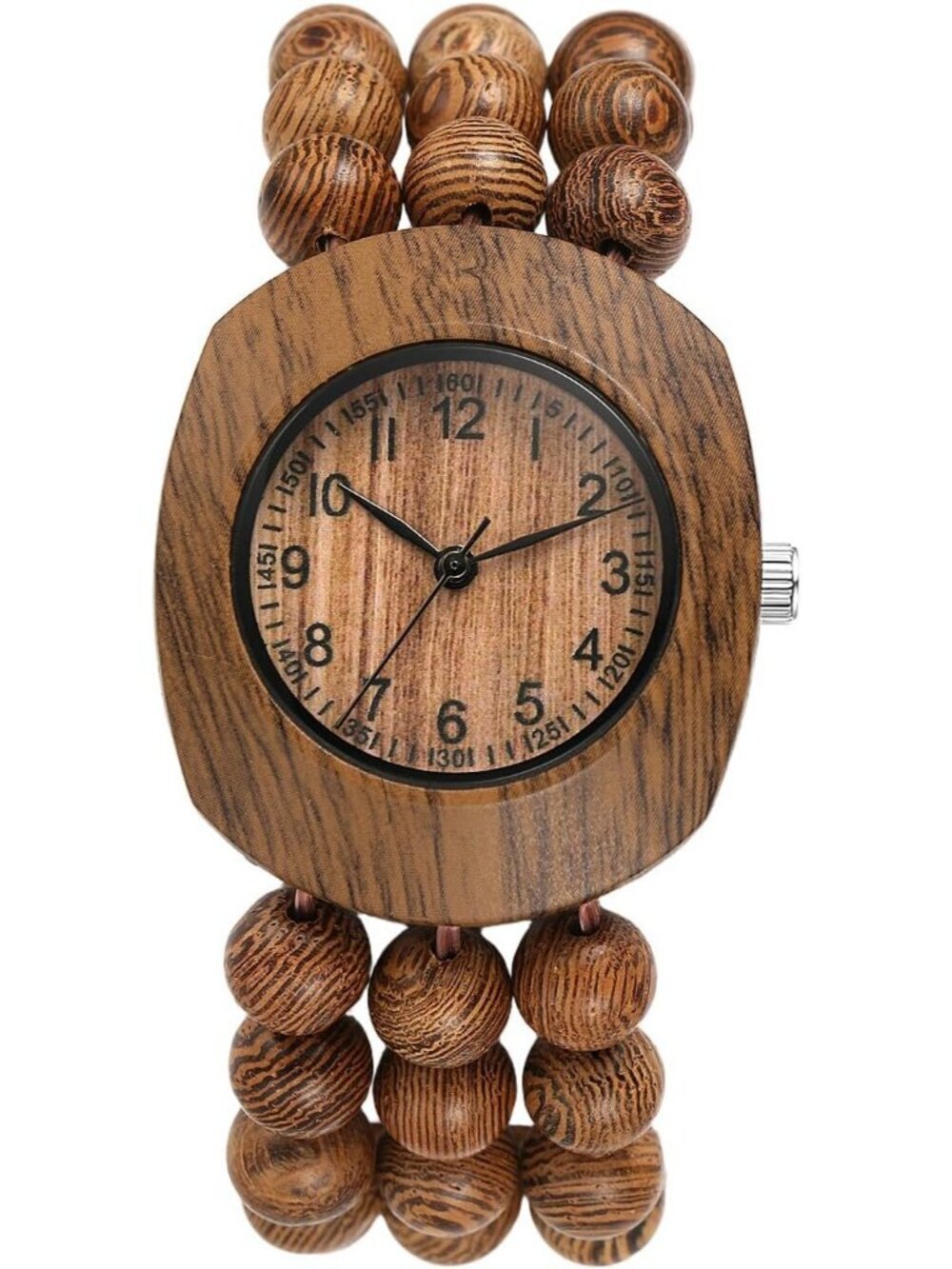 Women's Brown Analog Quartz Buddhist Beaded Bracelet Elastic Wrist Wooden Watch